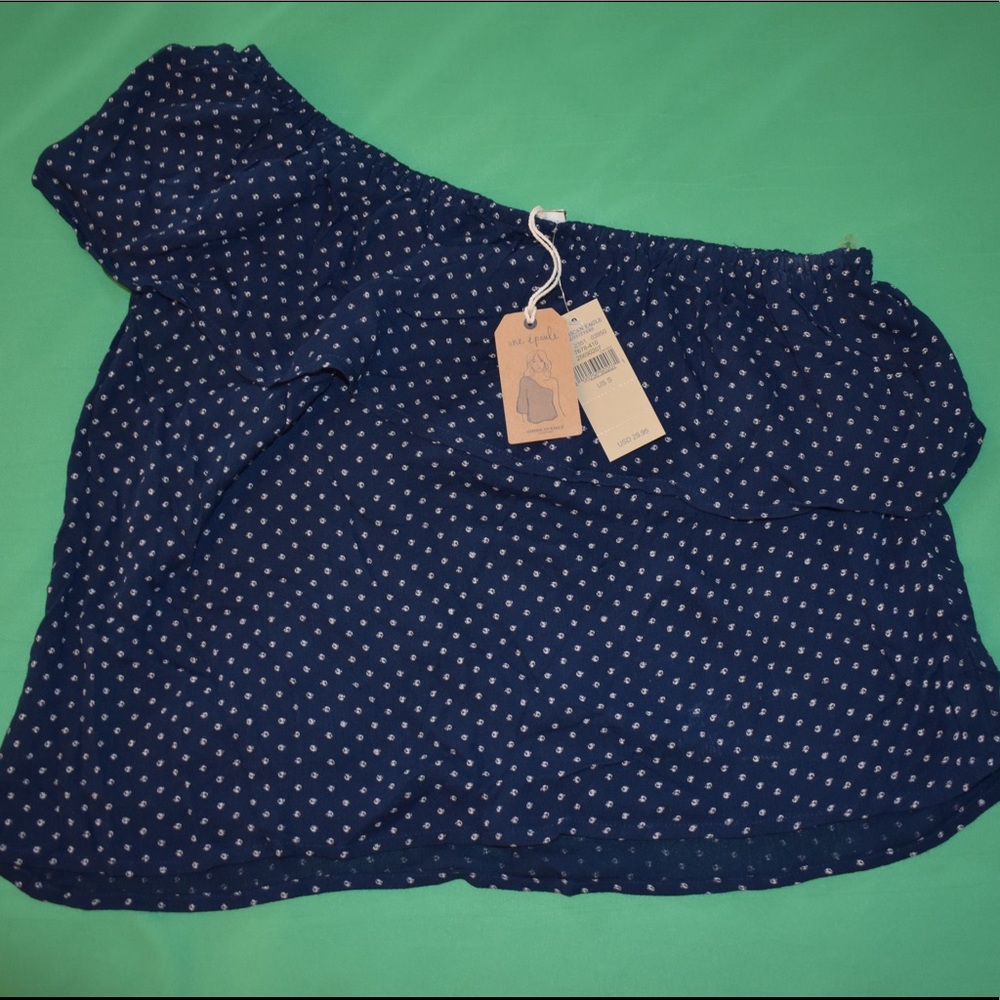 One shoulder blouse from American Eagle Outfitters- navy with white polka dots